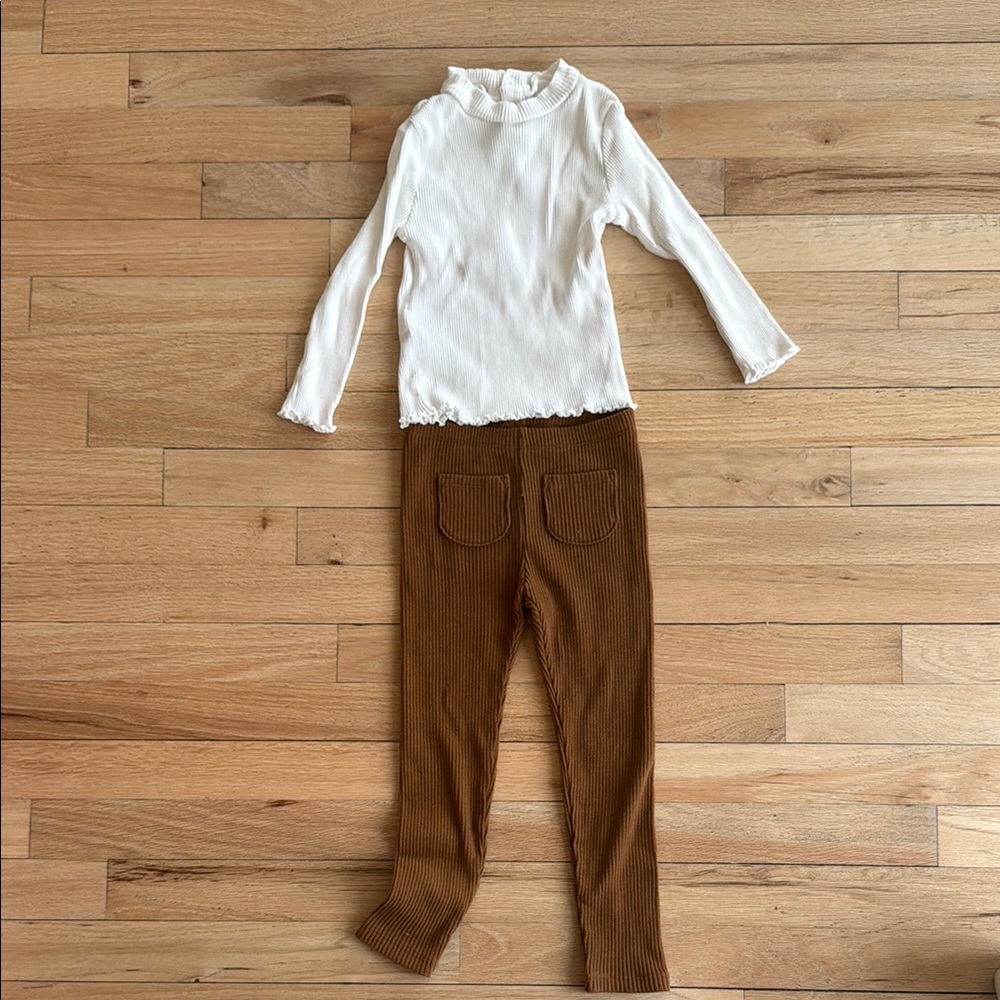 Girls 4t bundle White Ribbed Top and Brown Corduroy look Pants Set